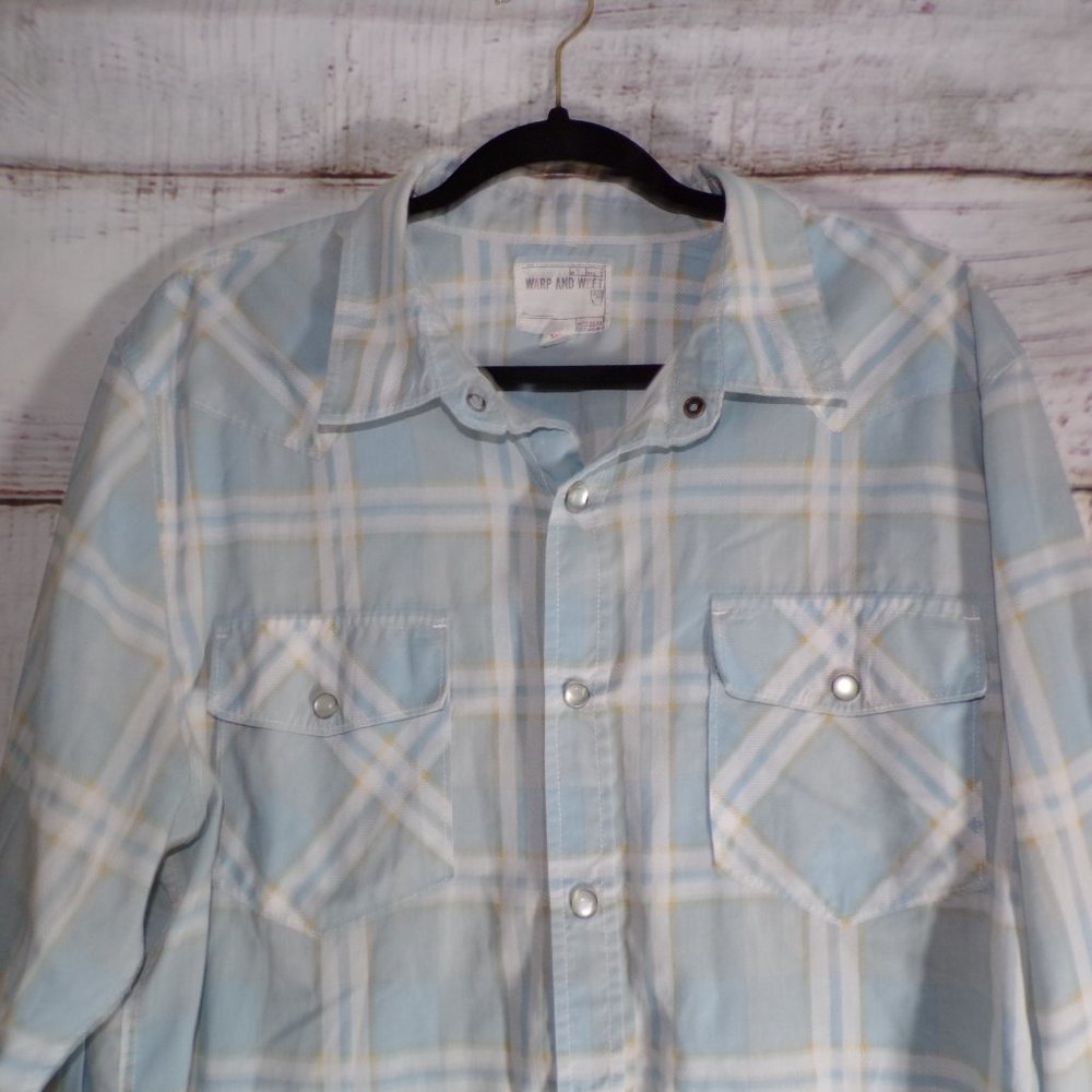 Warp And Weft Pearl Snap Shirt Size-XL Blue White Plaid Western Cowboy